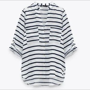 Zara Striped Linen Shirt White and Navy